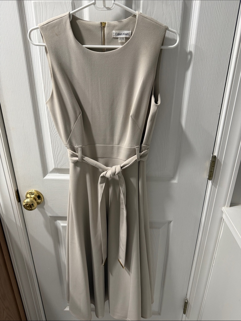 Calvin Klein Light Beige Sleeveless A-Line Dress with Self Tie